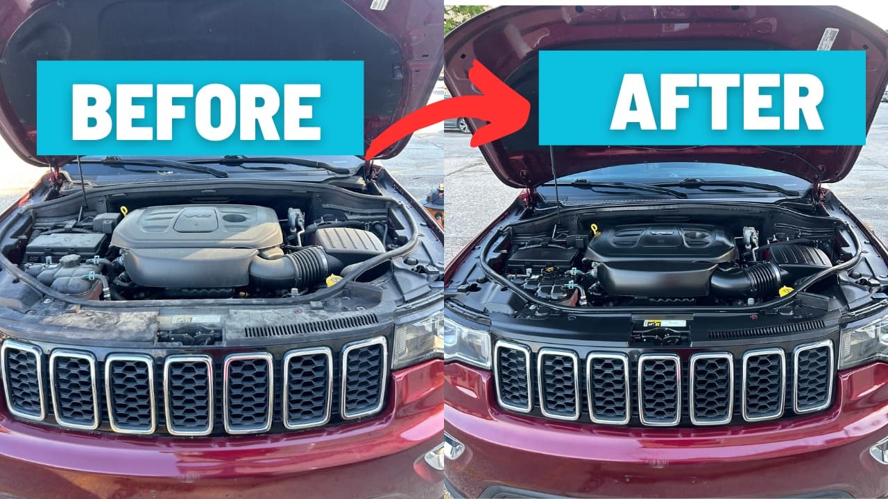 Jeep Grand Cherokee engine bay before and after cleaning